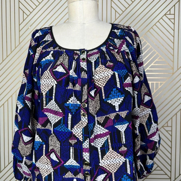 Yumi Kim Isi Geometric Smocked Button Front Printed Blouse Print Size US Medium - Picture 3 of 11